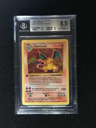 BGS 8.  5 Pokemon Charizard 1st Edition Base Holo 1999 Shadowless THICK STAMP 4 2