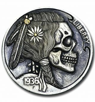Hobo Nickel Coin 1937 Buffalo " Skull 11 " 24kt Gold Inlay Hand Engraved By Ellaxu
