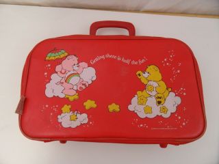 Vintage Care Bears Red Canvas Luggage Suitcase Carrying Case Children 
