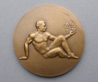 French Medal.  Nude Man.  Victory.  Sport.  Art Nouveau.  By Bouret.