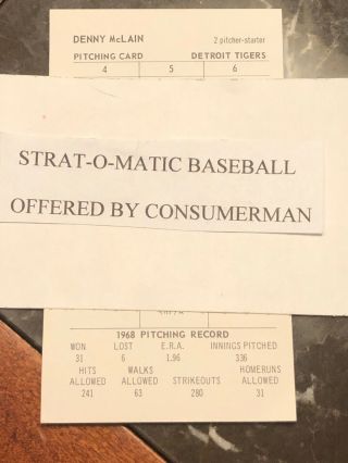 Strat - O - Matic Baseball 1968 Detroit Tigers - Mclain Mvp 31 Wins