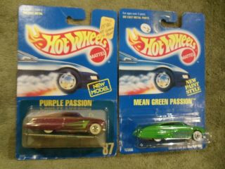 2 Hot Wheels Blue Cards Early Purple Passion / Mean Green Passion Moc