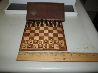Vintage German Mini Travel Chess Set W/folding Chessboard & Wooden Magnetic Men