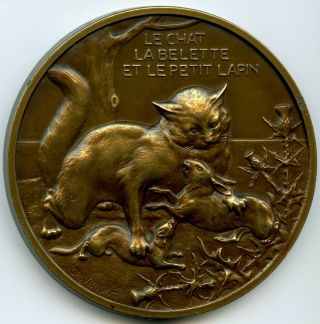 French Bronze Medal Fables De La Fontaine Cat With A Rabbit & Weasel By Virion