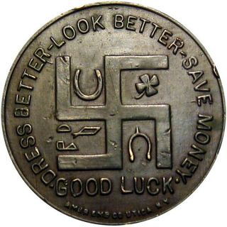 Pre 1933 Lockport York Good For Token Queen City Clothing Good Luck Swastika 2