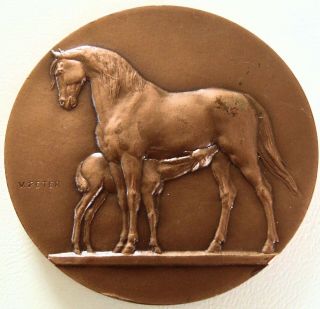 French Bronze Horse Medal Mare And Foal By Victor Peter