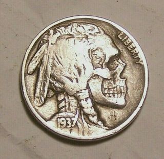 Hand Carved Hobo Nickel By John Hughey Real Buffalo Coin Western Skull