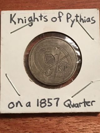 Love Token Pin (knights Of Pythias) On A Liberty Seated Quarter 1857 Quarter