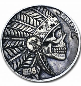 Hobo Nickel Coin 1936 Buffalo " Indian Skull 5 " Hand Engraved By Ellaxu