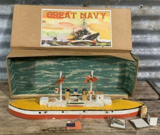 Vtg 40s - 50s 9.  75 " Wooden Great Navy Toy Boat Made In Japan W/ Box