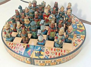 Vintage Chess Board Game Set Inca Vs Spanish Hand Painted Handmade