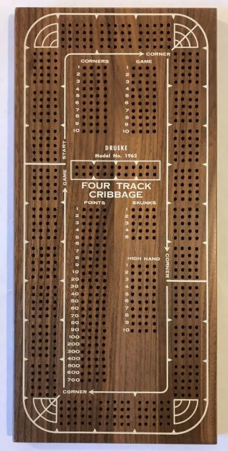 Vintage Drueke Four Track Cribbage Board W/ Pegs - Walnut,  Model No.  1962