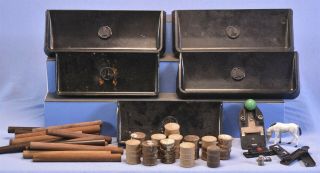 Lionel O Scale Bottom Of The Box Assortment - Logs,  Barrels,  Trays & Lighted Locko