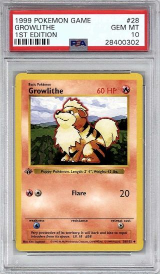 1999 Pokemon Growlithe 1st First Edition Base Shadowless Card Psa 10 Gem