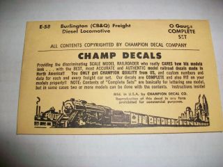 Champ Decals O Gauge.  E - 58 Burlington (cb&q) Freight Diesel Locomotive