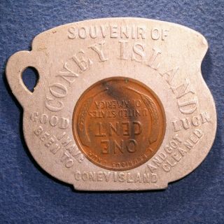 Encased Chamberpot 1913 Lincoln Cent - Souvenir Of Coney Island,  York