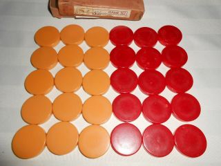 Vintage Bakelite Backgammon 15 Red 15 Butterscotch Chips Discs 1 1/8 " X 1/4 "