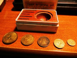 5 Vintage Ohaus Scale Corp Weight Coins Apothecary 2 Scruples,  3 Drachm W/box