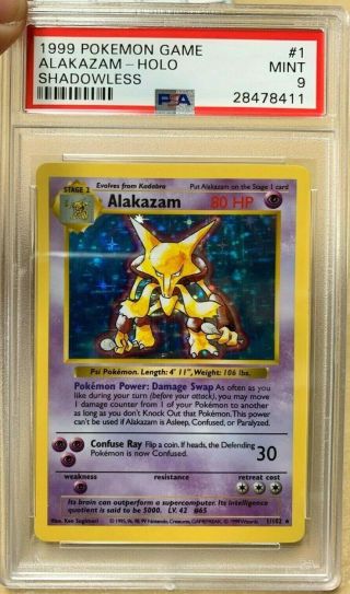 1999 Pokemon Base Shadowless Holo Alakazam 1/102 Psa 9