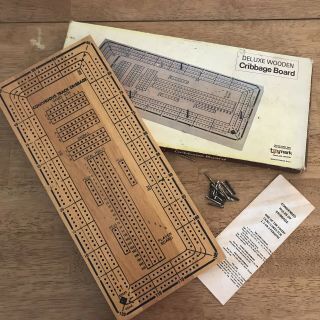 Vintage Deluxe Wooden Cribbage Board Complete With Metal Pegs And Instructions