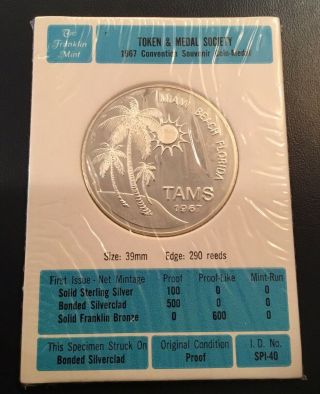 1967 Token And Medal Society Tams Miami Beach Florida Coin Medal