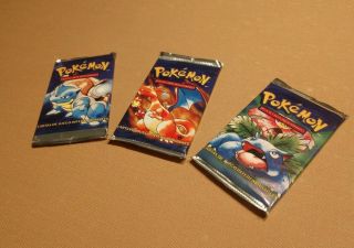 3 Pokemon Base Set First Edition Booster Packs,  Spanish 1999 (weighed Light)