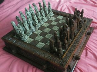 Mexican Chess Set Malachite Wood Aztec Vs.  Conquistador Mayan Board Large