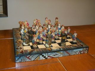 Vintage Chess Board Game Set Inca V Spanish Hand Painted Handmade Wood & Clay