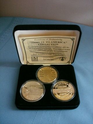3 Coin Set Tribute America Twin Towers Statue Liberty Spirit 24kt Gold Overlay