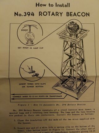 Lionel 394 Rotary Beacon Instructions Dated 8.  49