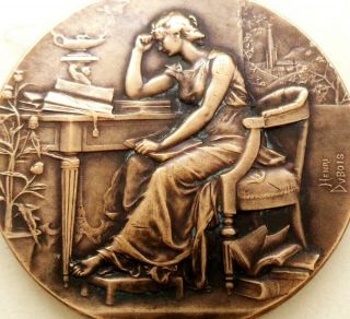 The Teacher Lady Studying Splendid Antique Bronze Art Medal Signed Henri Dubois
