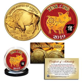 2019 Lunar Year Of The Pig 24k Gold Clad $50 American Buffalo Tribute Coin