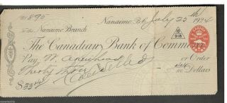 1924 Canadian Bank Of Commerce Nanaimo Branch No.  895 Receipt/cheque