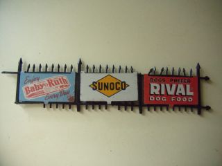 Vintage Fence Of Metal Signs,  Sunoco,  Baby Ruth,  Rival Dog Food