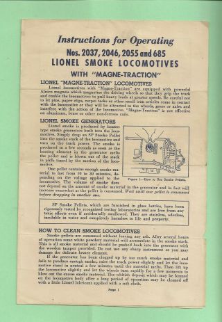 1953 Lionel Train Smoke Locomotives 2037,  2046,  2055,  685 Operating Instructions