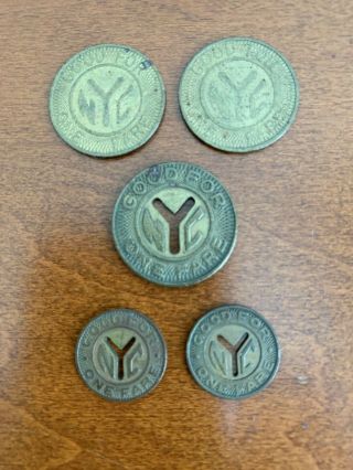 5 York City Transit Authority " Good For One Fare " Token Coins Nyc