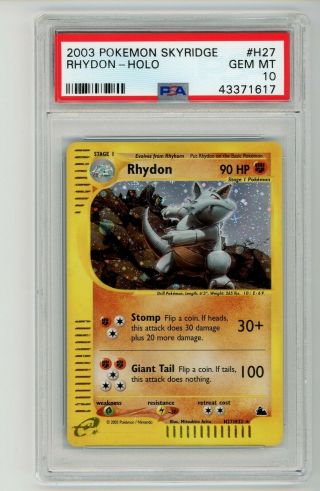 Psa 10 Pokemon Card Rhydon Skyridge Holo Rare Gem H27/h32 2003