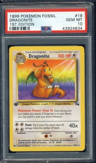1999 Pokemon Fossil 1st Edition 19 Dragonite Psa 10 101119