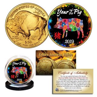 2019 Chinese Year Of The Pig 24k Gold American Buffalo Tribute Coin Polychrome