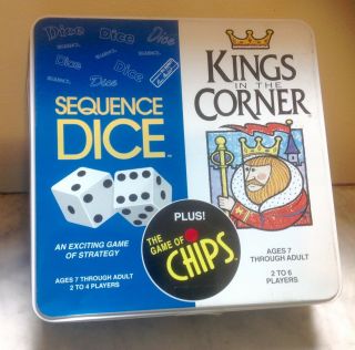 Kings In The Corner,  Sequence Dice,  Game Of Chips - 3 Board Games In One Tin