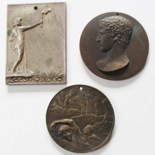 3 Old Bronze Art Medal,  Sport Award Medal,  Swimming