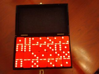 Red And White With Gold Tone Beads Domino Set In Black Velvet Latch Box