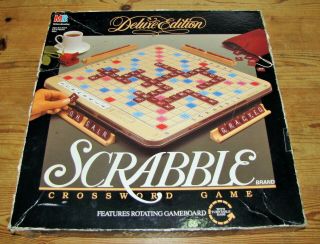 1989 Scrabble Deluxe Edition Rotating Game Board 100 Maroon Tiles 2 Trays Holder