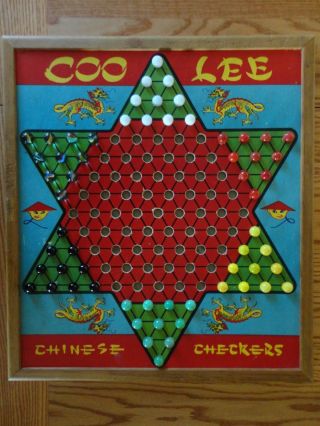 Vintage Coo Lee Chinese Checkers & Chess Board Game W/ Wood Frame Marbles Pawns