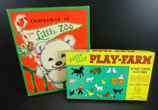 Vintage 1964 Fuzzy Felt Play Farm & Christmas At The Little Zoo Pop Up Book