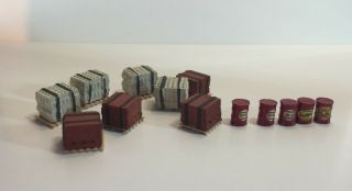 Ho Scale (8) Skids With Cement Blocks/bricks And (5) Oil Drums/barrels.
