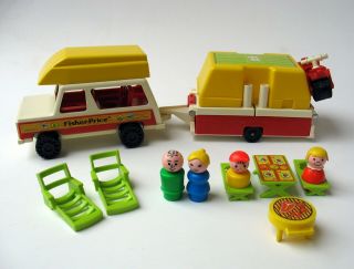 Vintage Fisher Price Little People Car & Pop - Up Camper 992 – Complete Set
