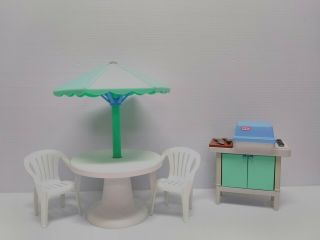 Little Tikes My Size Barbie Dollhouse Patio Umbrella Table Chairs Grill Set
