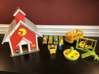 Vintage 1971 Fisher Price Little People School House With Bus Playground Desk