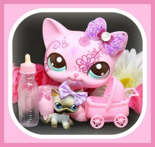 ❤️authentic Littlest Pet Shop Lps Jumbo Deco Pink Shorthair Cat 5 " Mom & Baby❤️